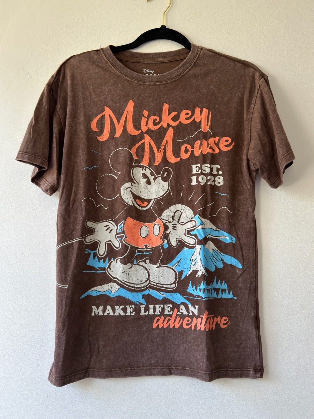 Disney Mickey Mouse Adventure Graphic Tee Brown Acid Wash XS